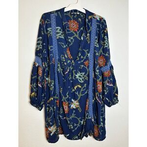 Anandas Collection Navy Blue Floral Crochet Lace Trim Babydoll Mini Dress 1X